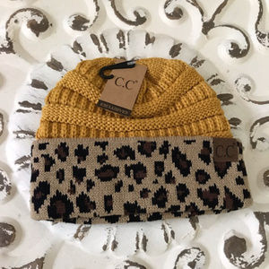 Mustard and Leopard print CC beanie